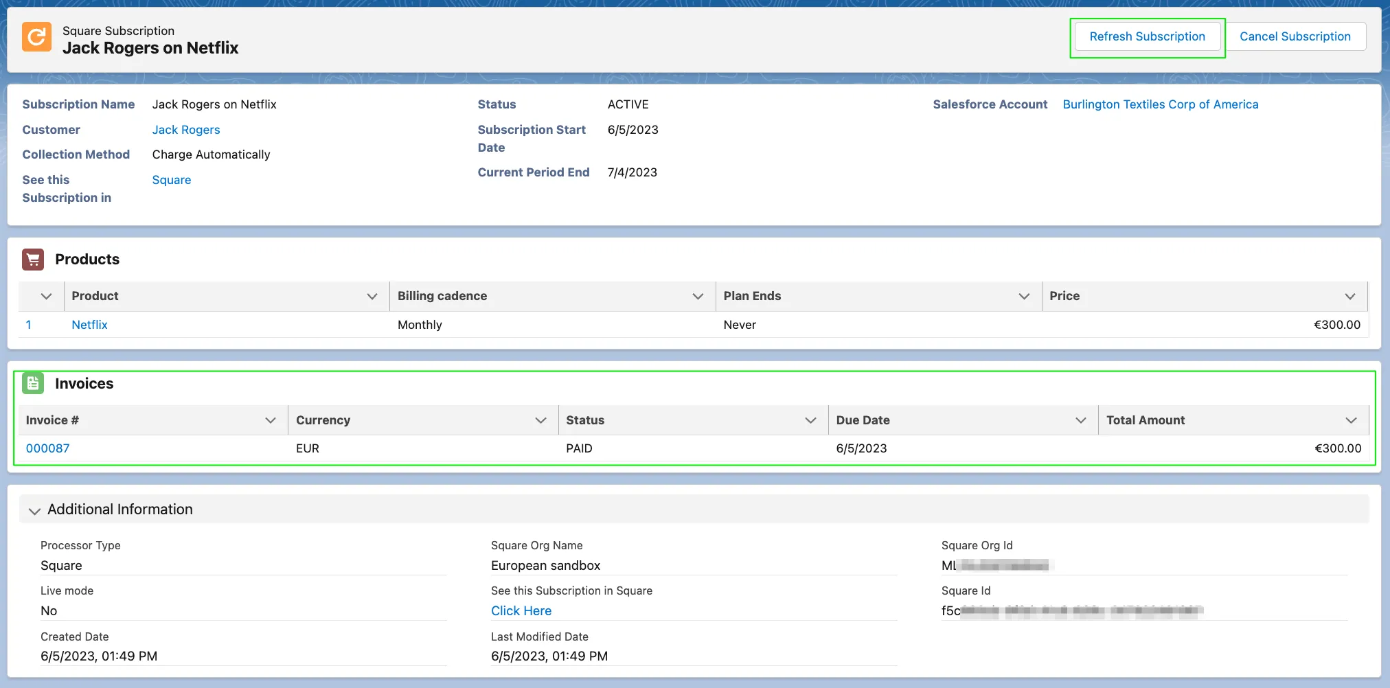 Subscription information page