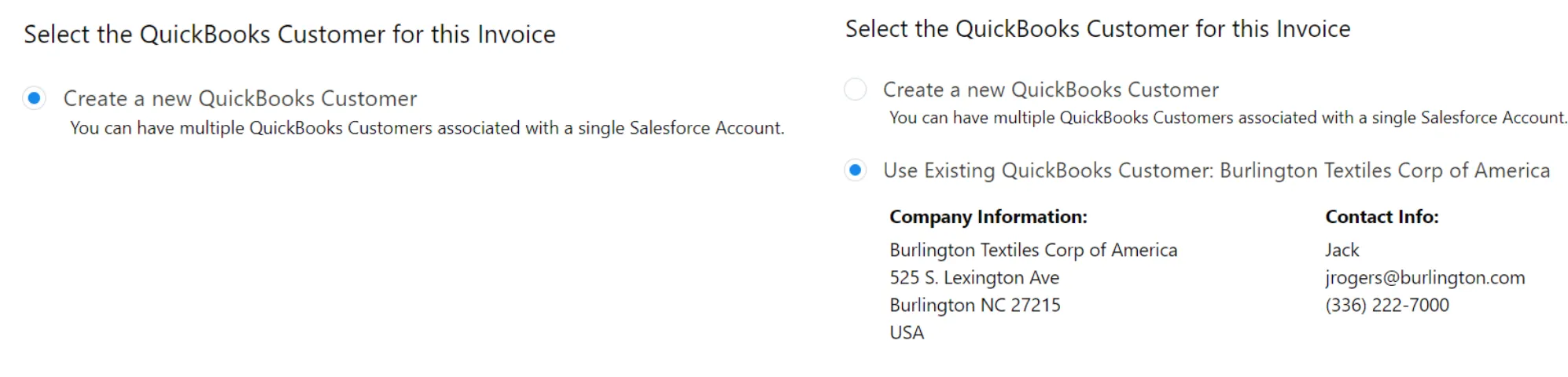 QuickBooks Contact Selection QuickBooks Contact Selection