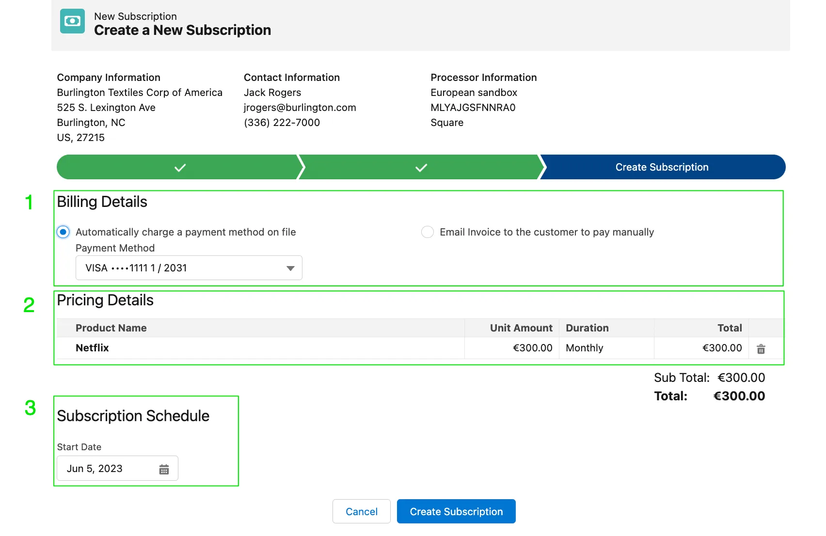 Create Subscriotion page