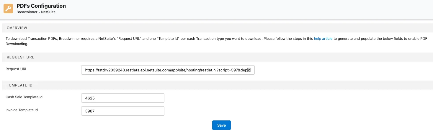 DownloadPDF Configuration Page