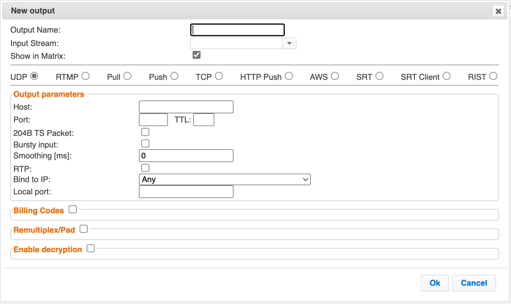 New Output screen