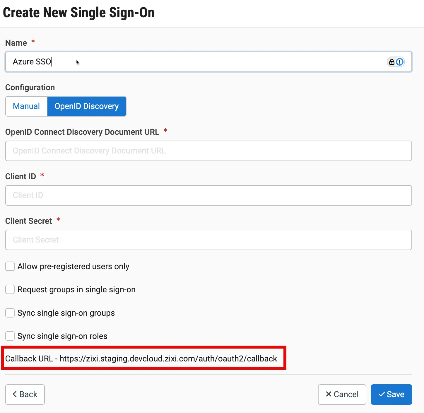Create Single Sign-on screen