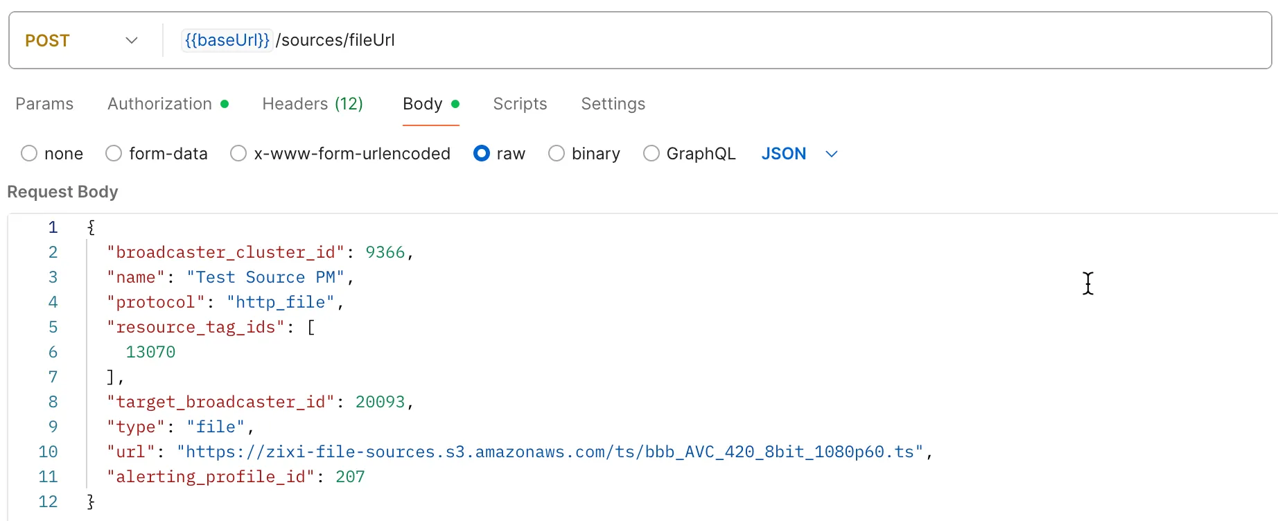 Sample Request Body for Create Source
