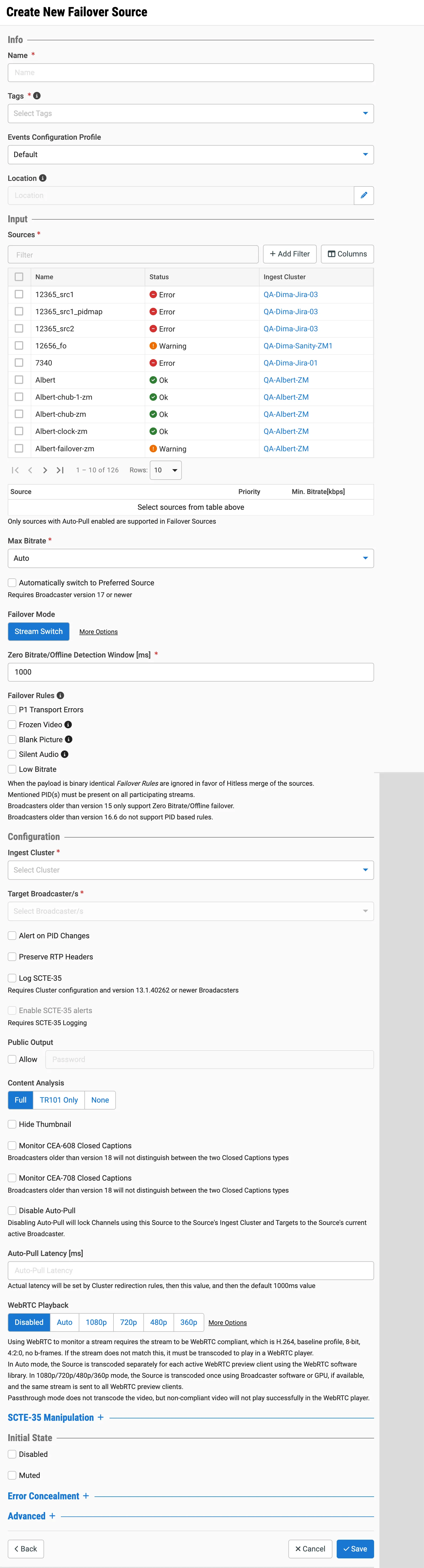 Failover Source Settings Failover Source Settings
