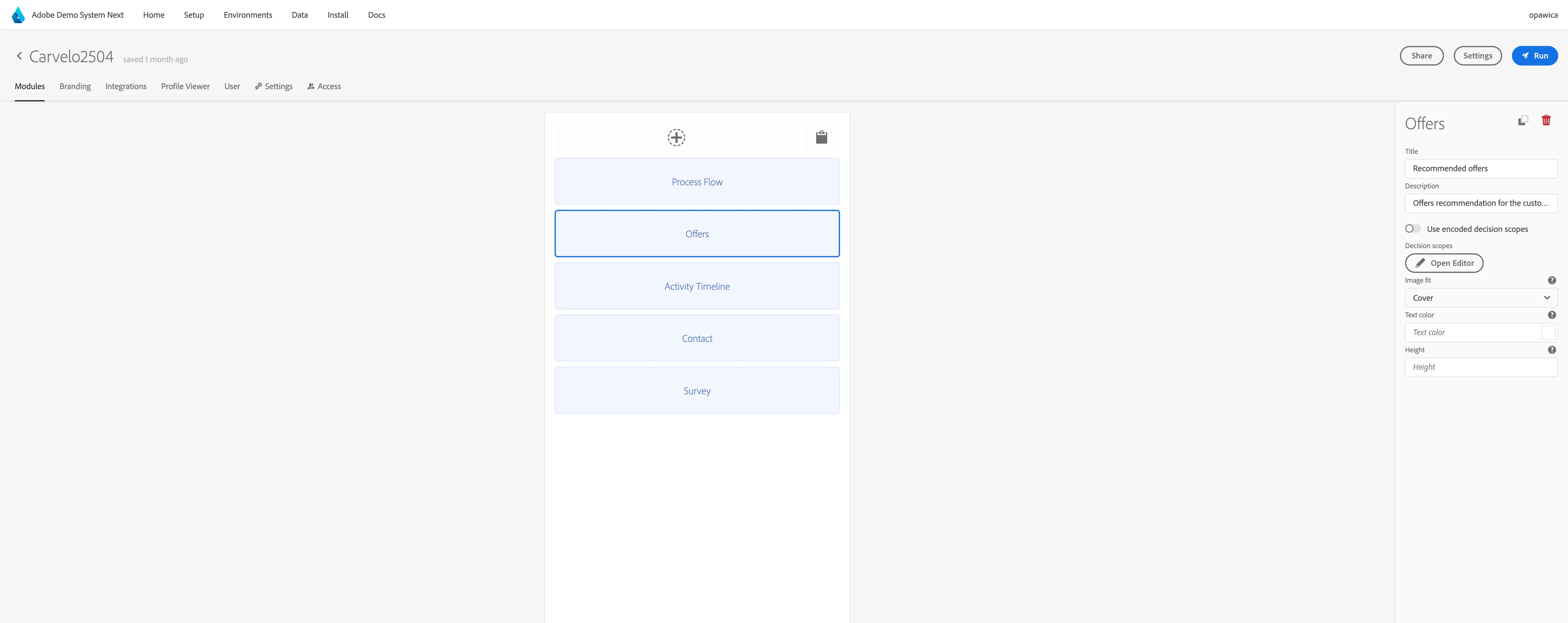 The Modules configuration tab of the Customer Experience App