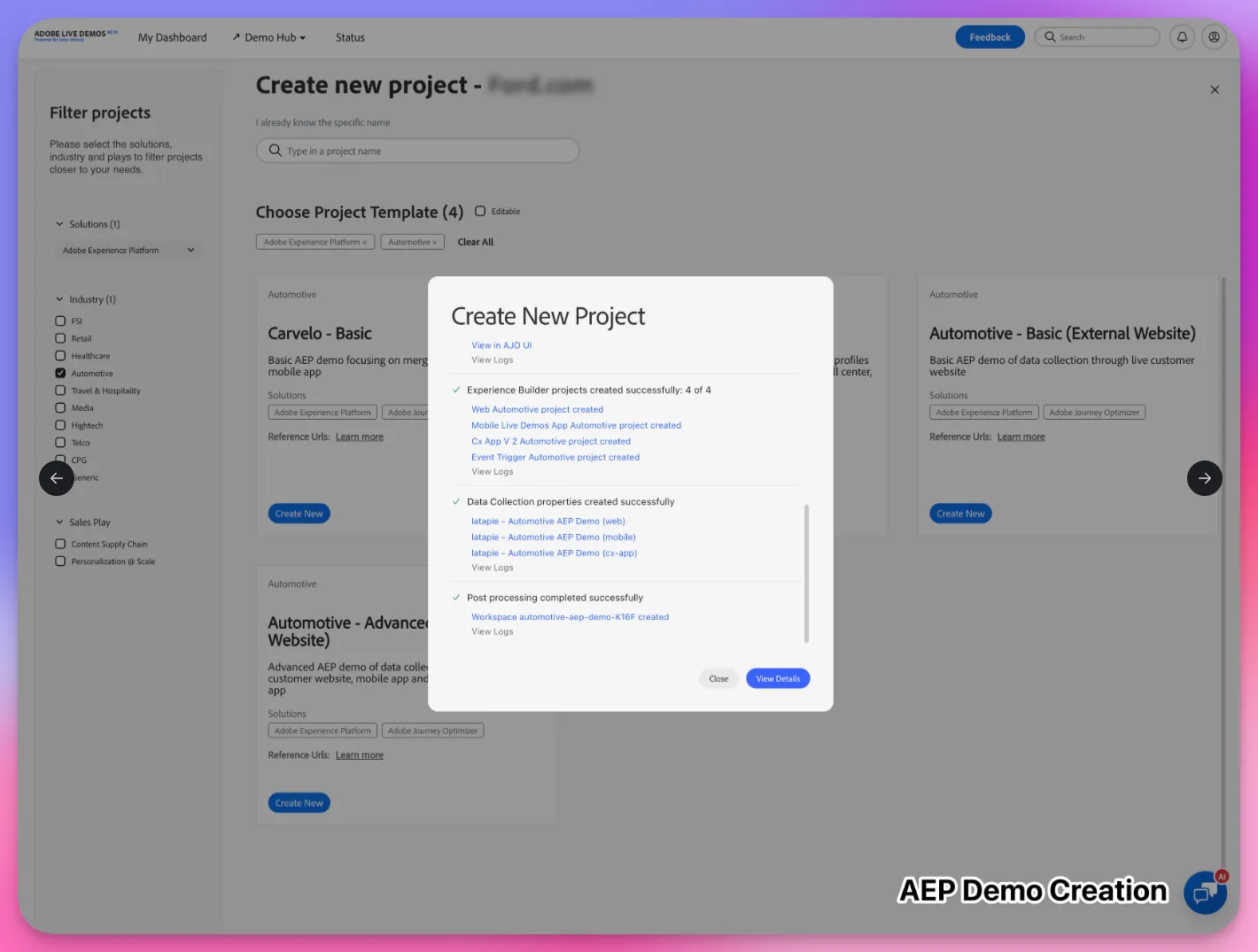 Live Demos Project creation
