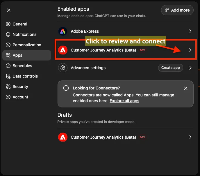 Review and connect application to respective IMS Org