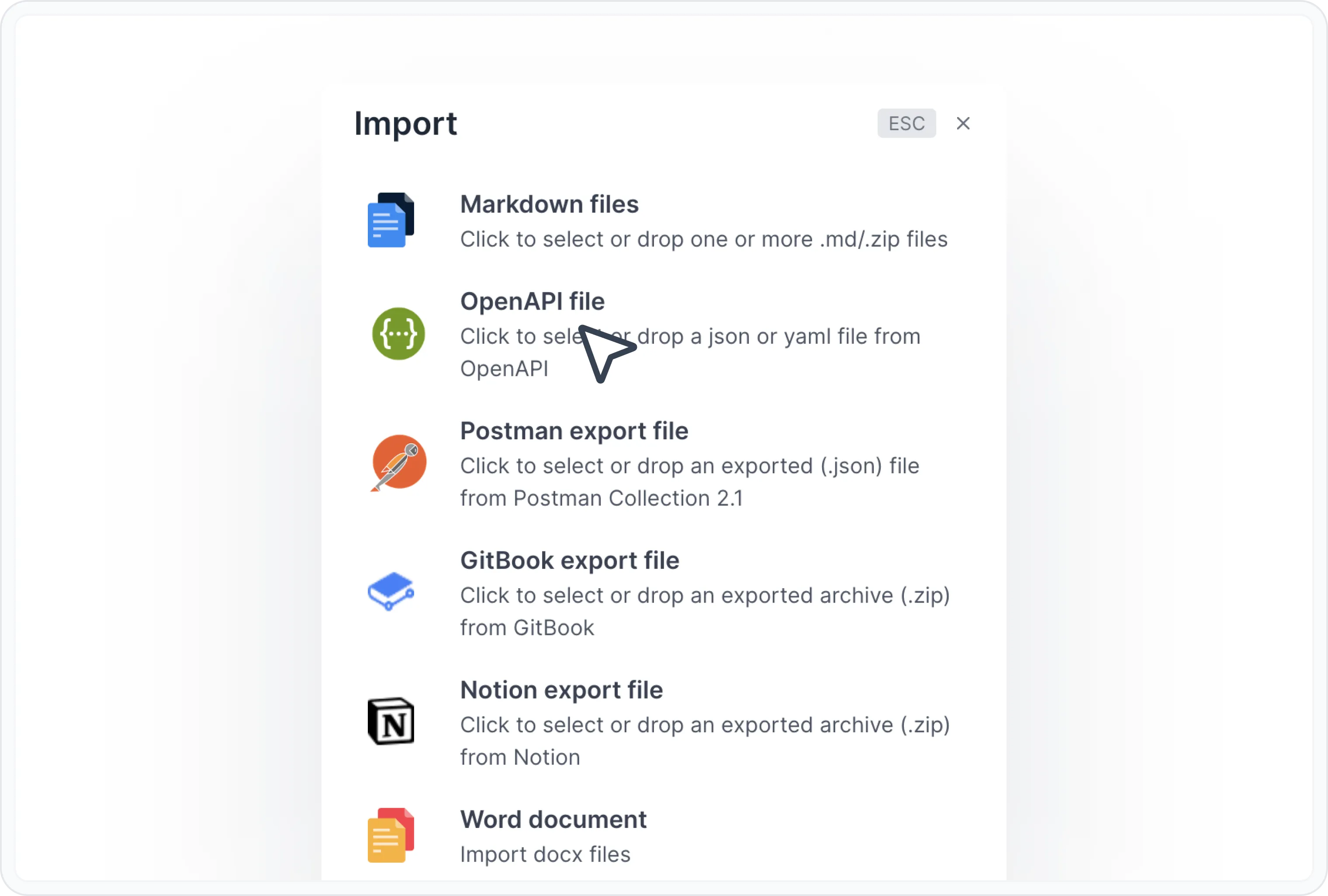 Select document type for import Select document type for import