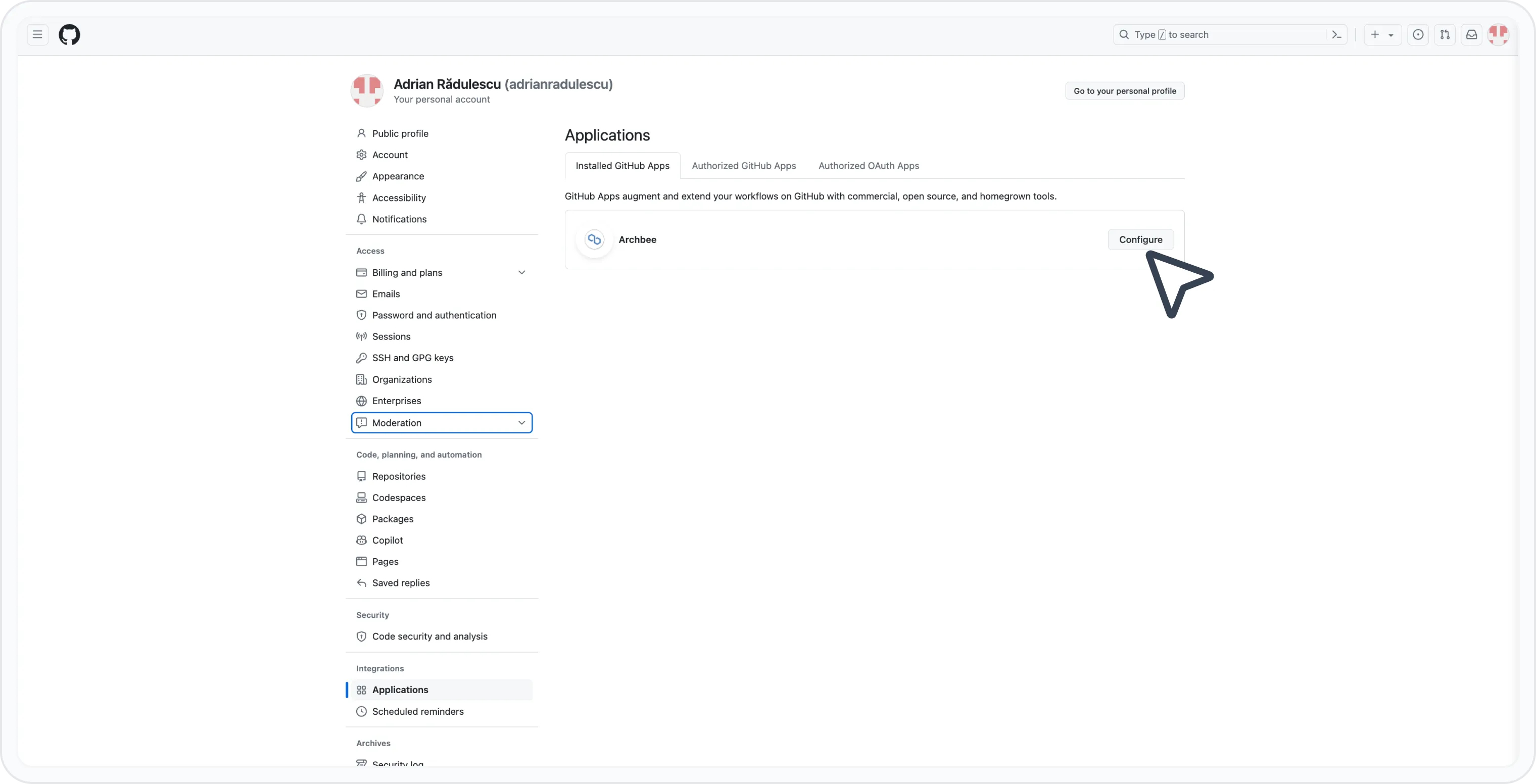 GitHub applications page