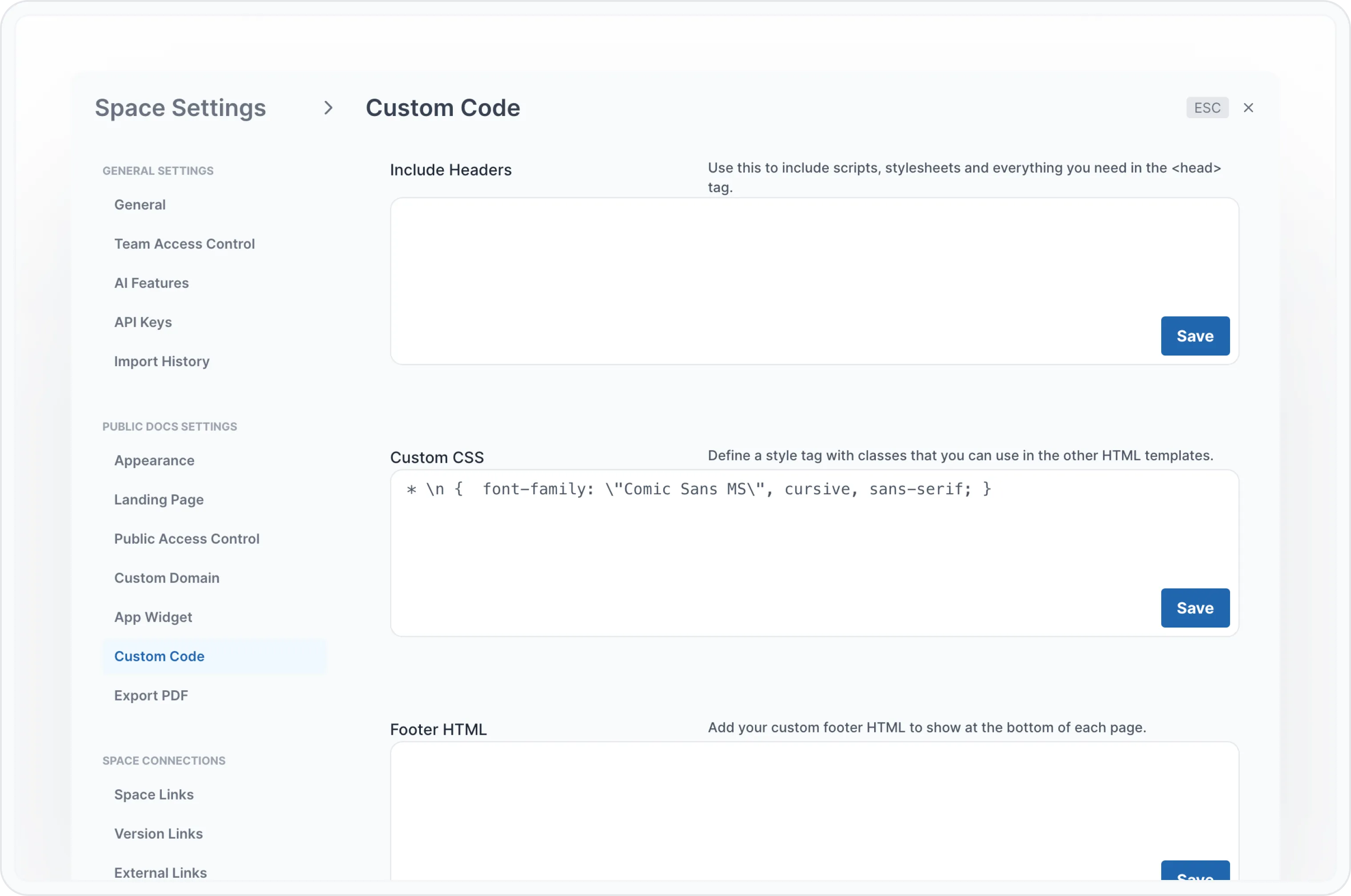 Custom code in Space settings Custom code in Space settings
