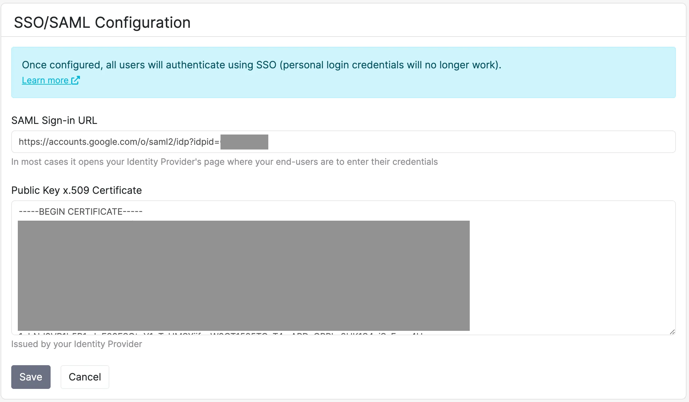 EchoesHQ SAML configuration page