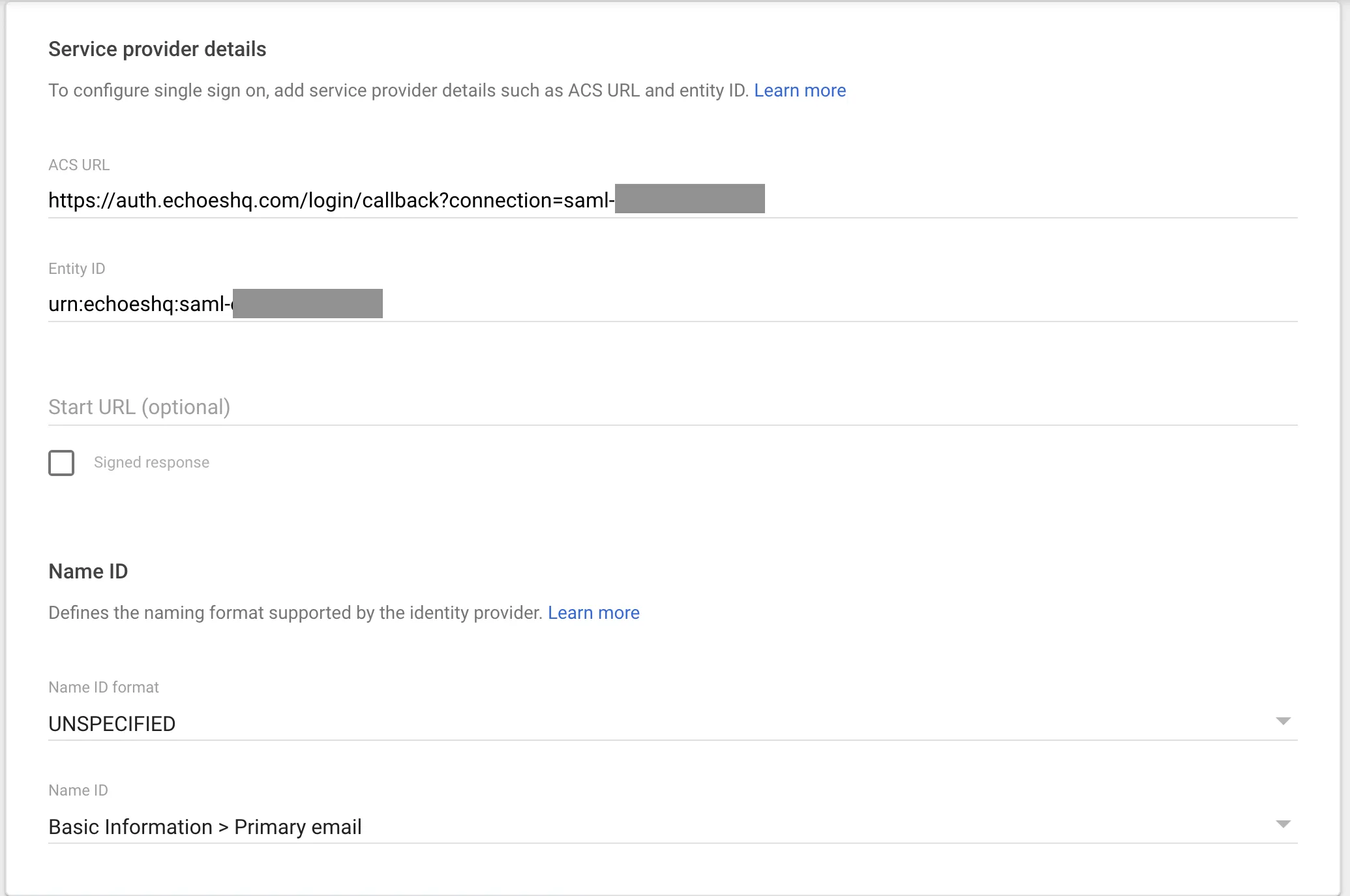 Google SAML app configuration