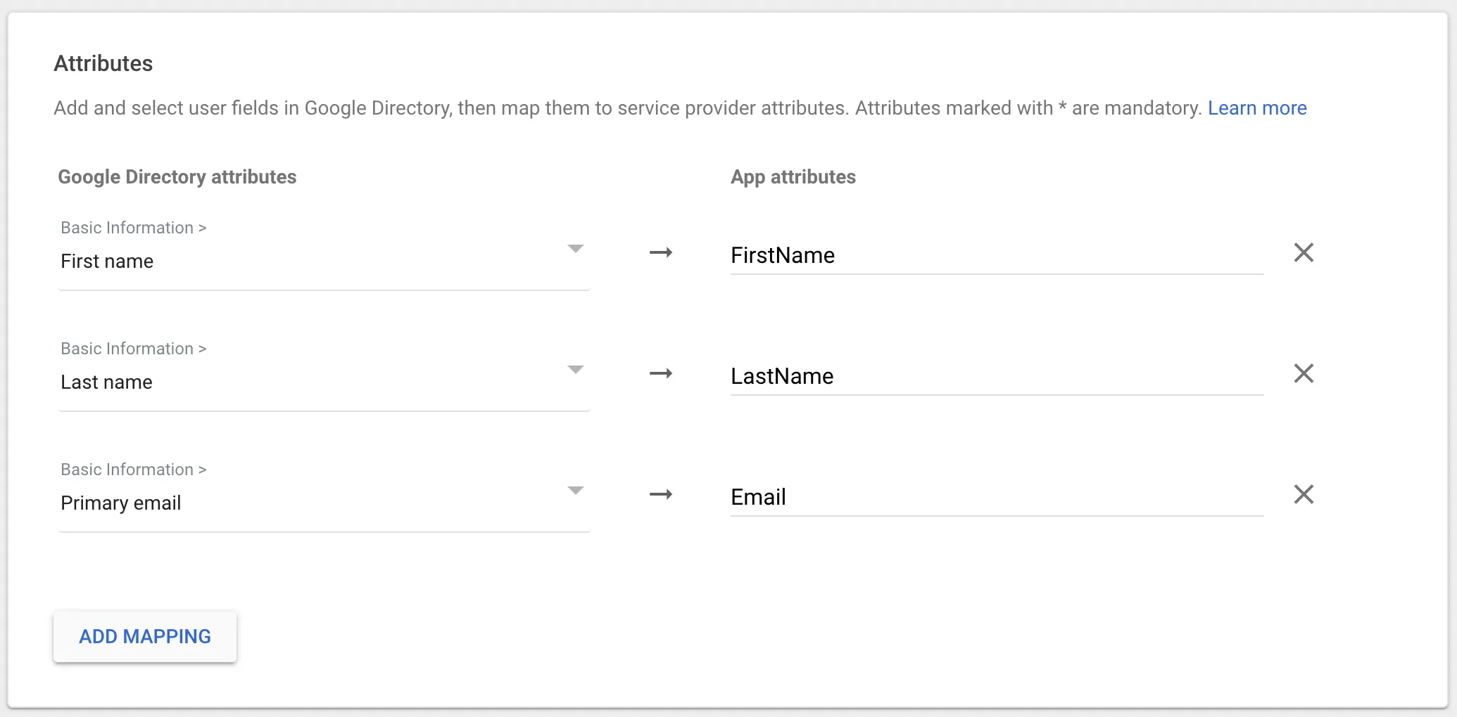Google SAML attributes mapping