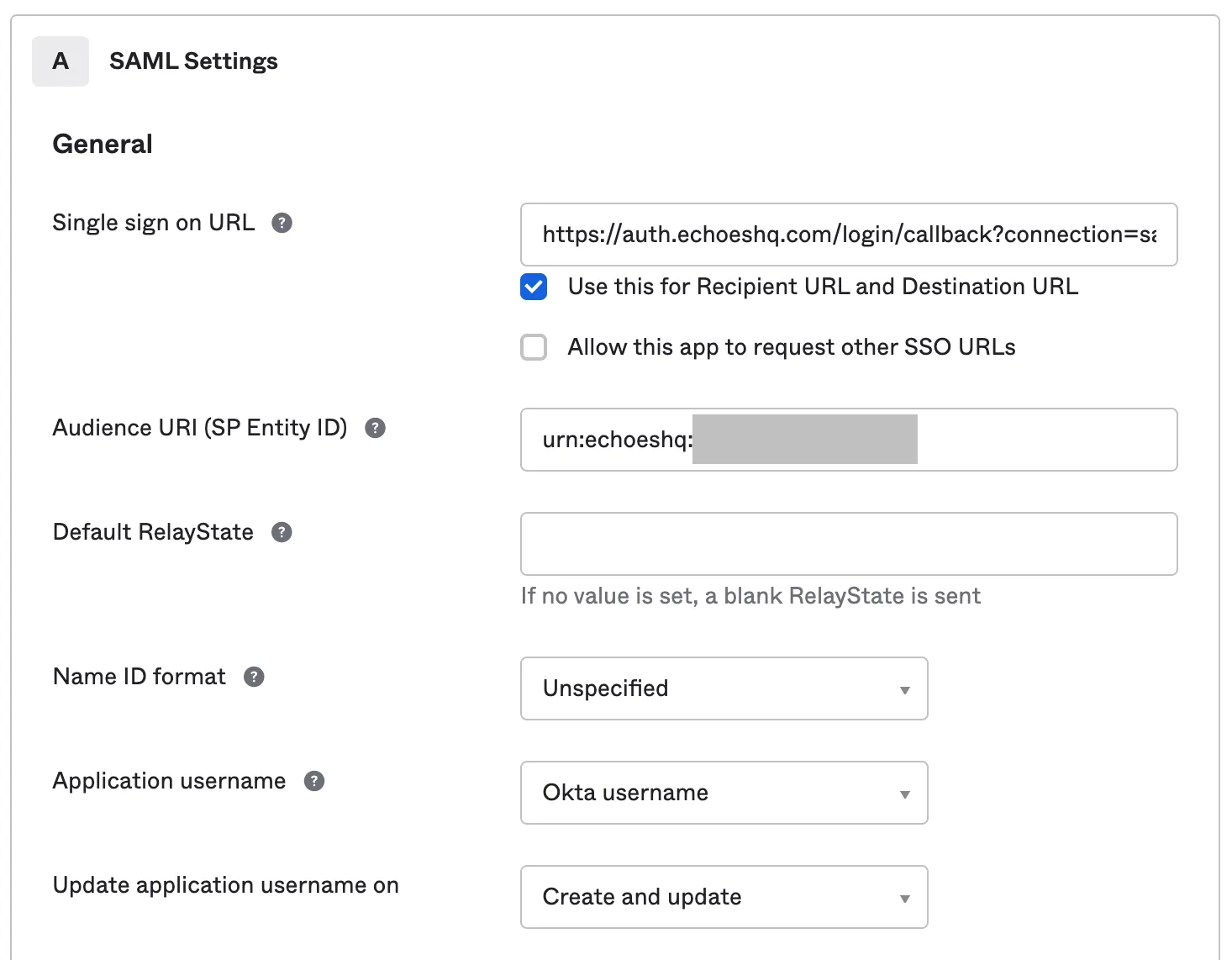 Okta SAML Settings with Echoes information