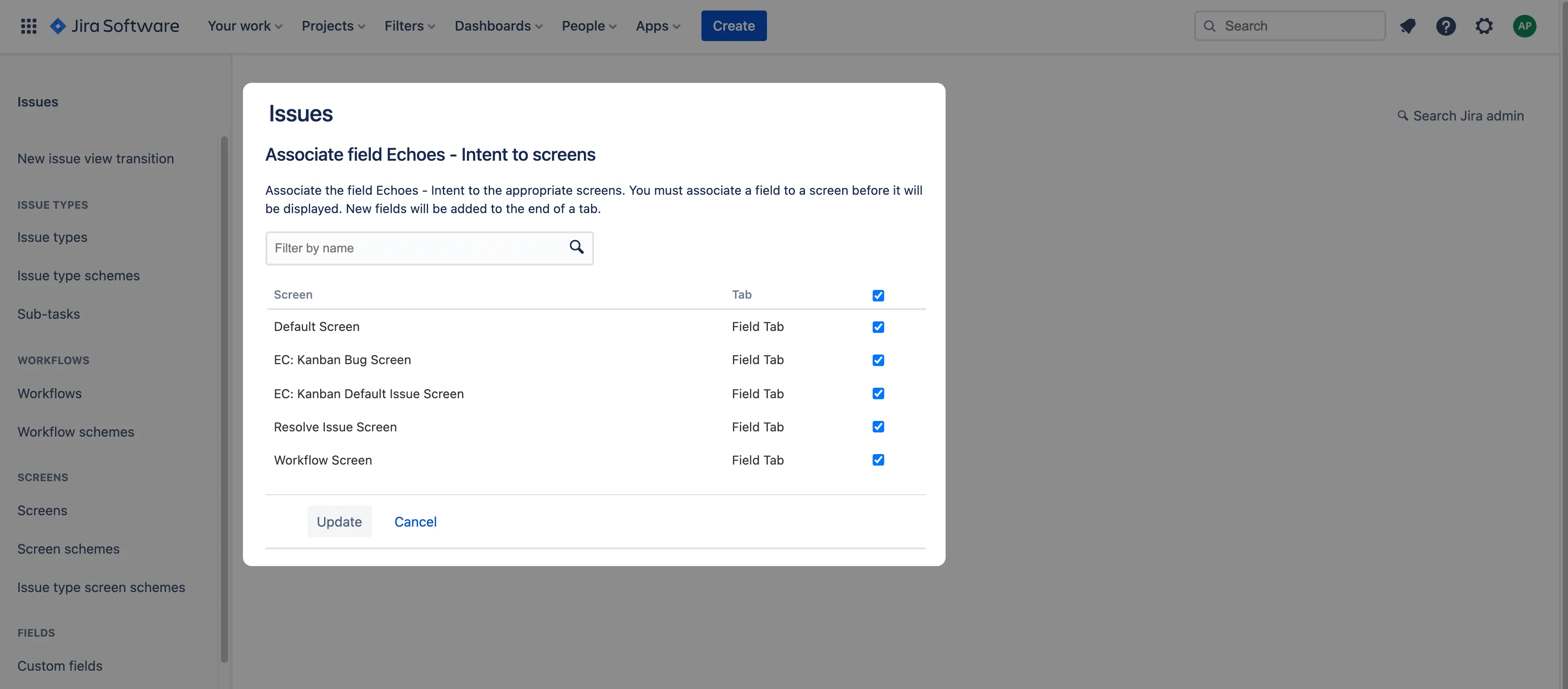 Associating Echoes custom fields to JIRA screens Associating Echoes custom fields to JIRA screens