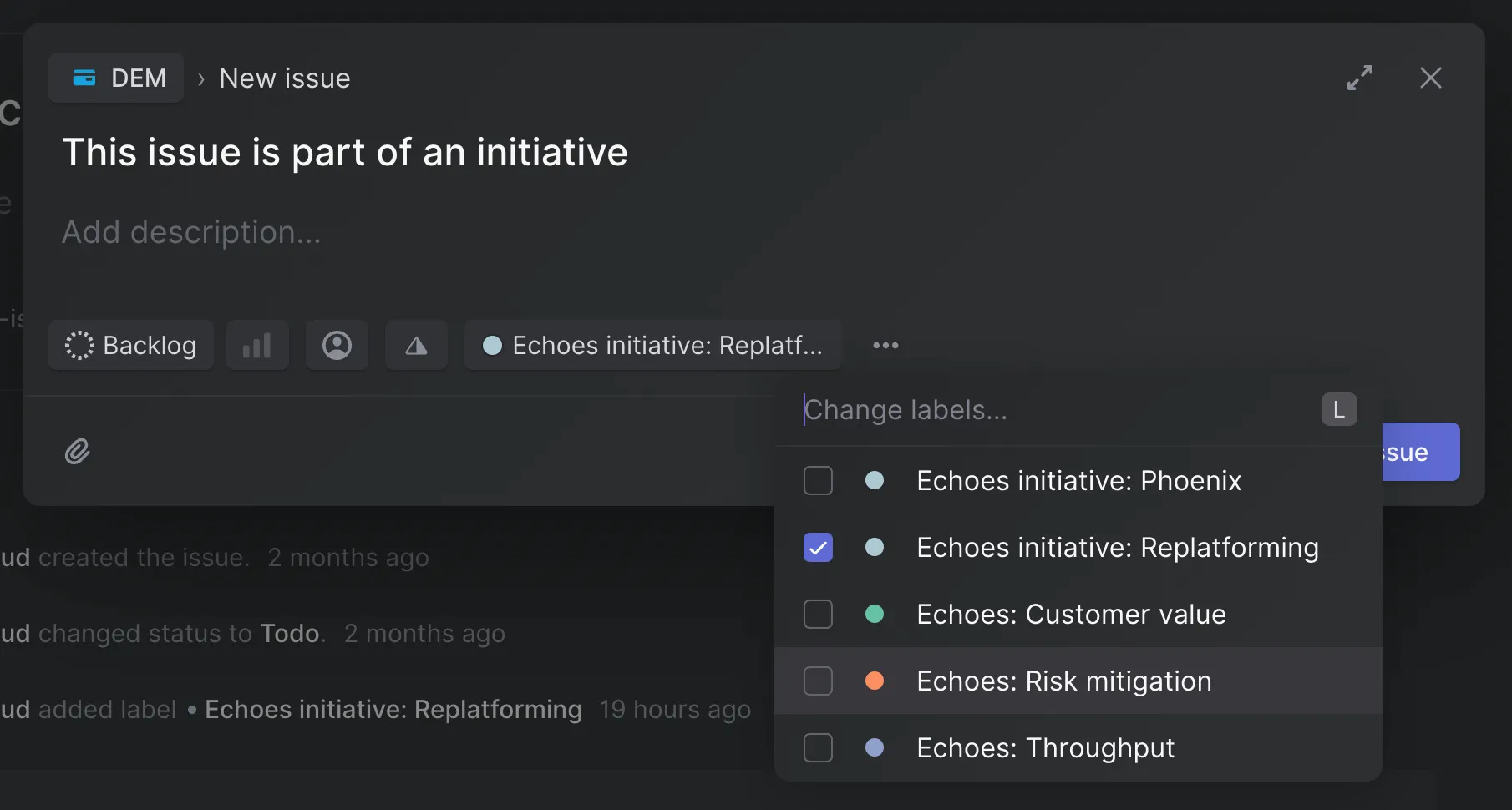 Tagging an issue Linear with an initiative Tagging an issue Linear with an initiative