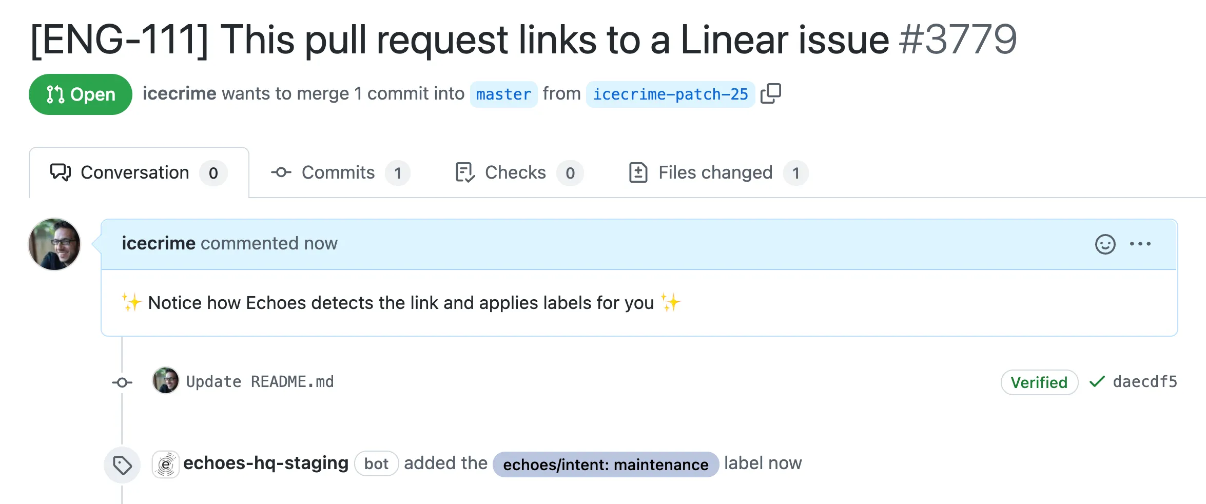 Echoes bot retrieves the label from a linked Linear issuee
