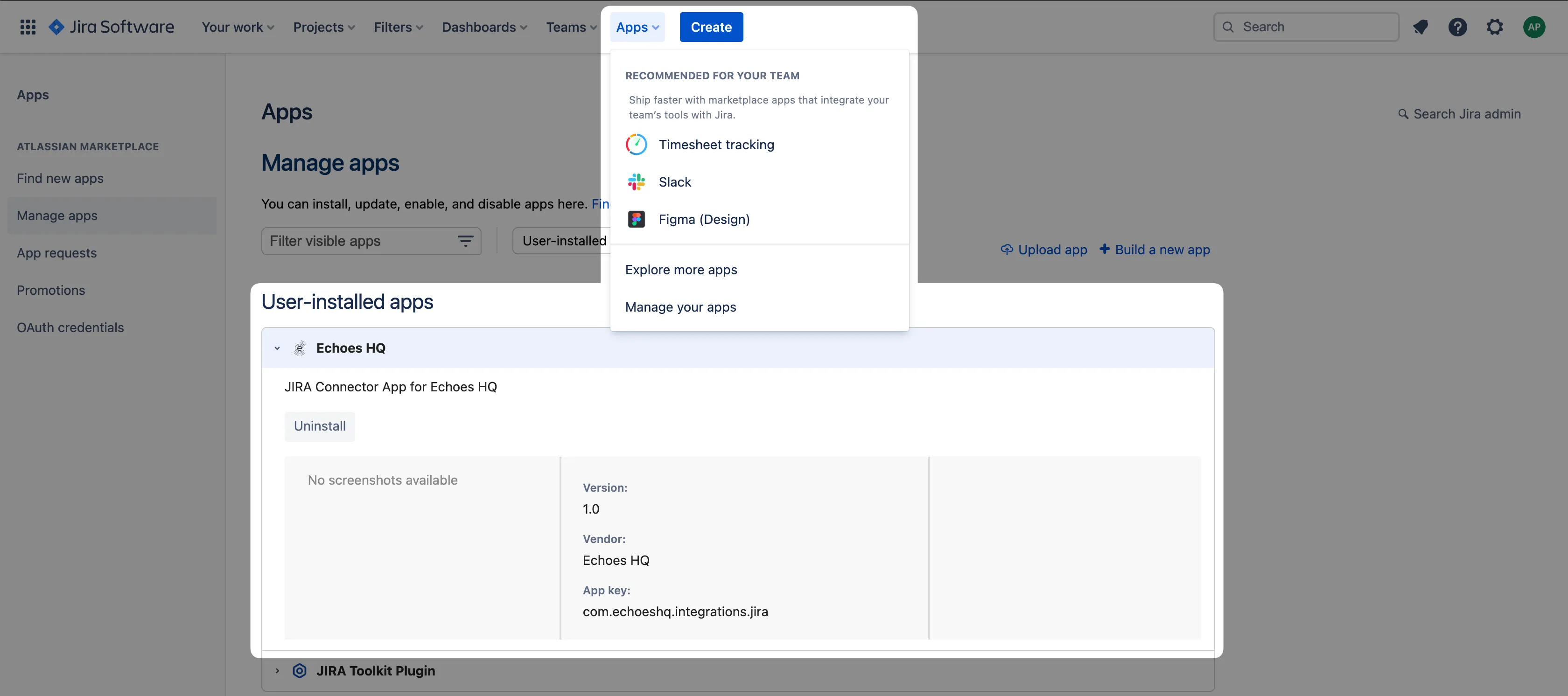 JIRA apps settings