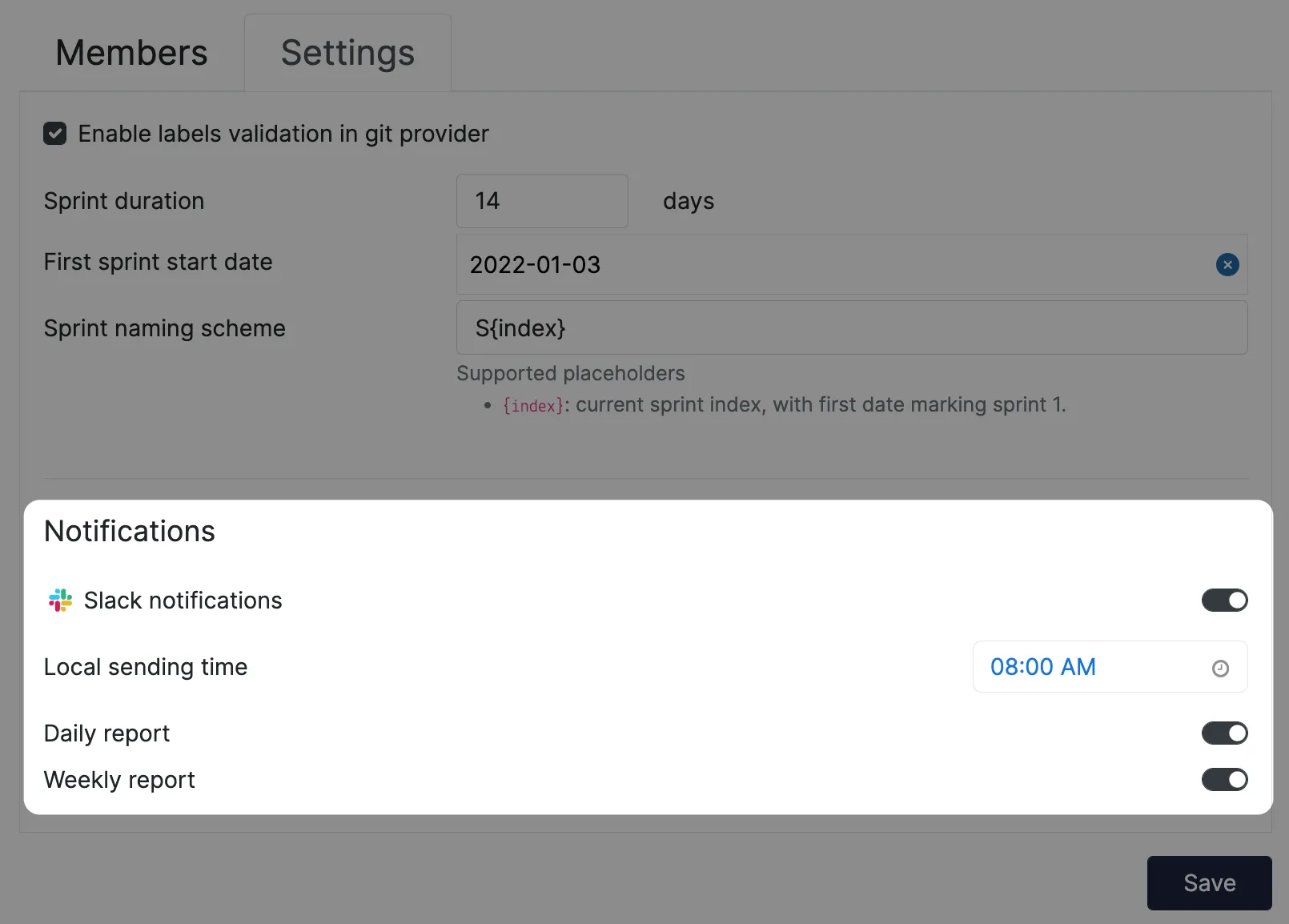 Slack notifications settings