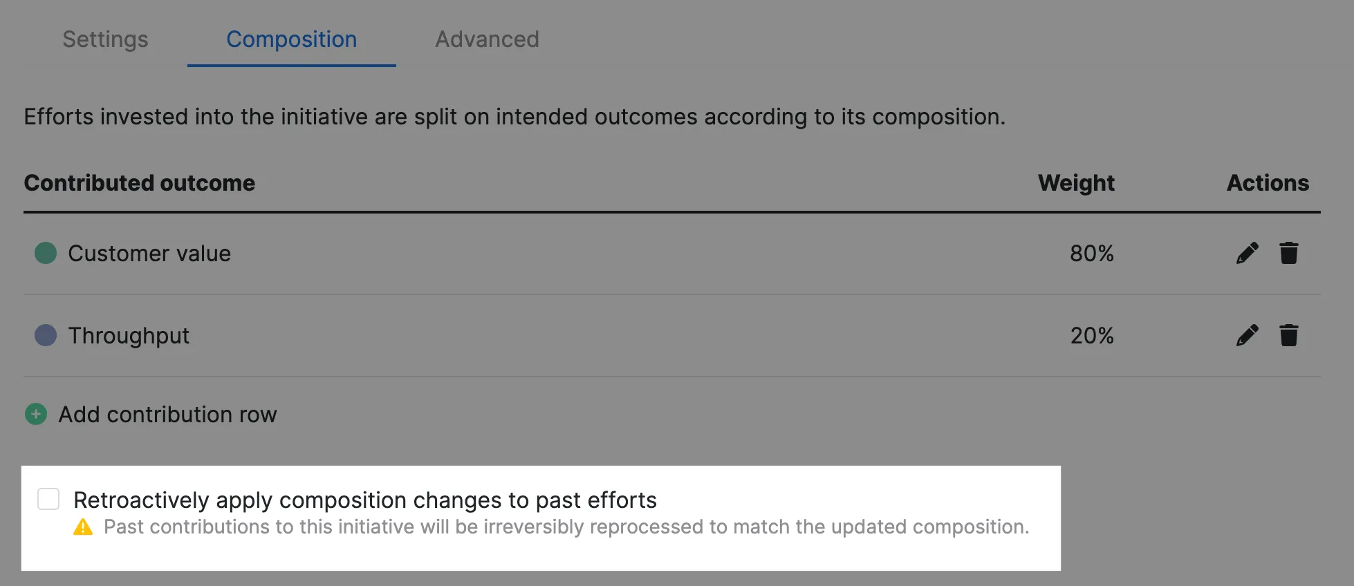 Option to control whether composition changes apply to past efforts Option to control whether composition changes apply to past efforts