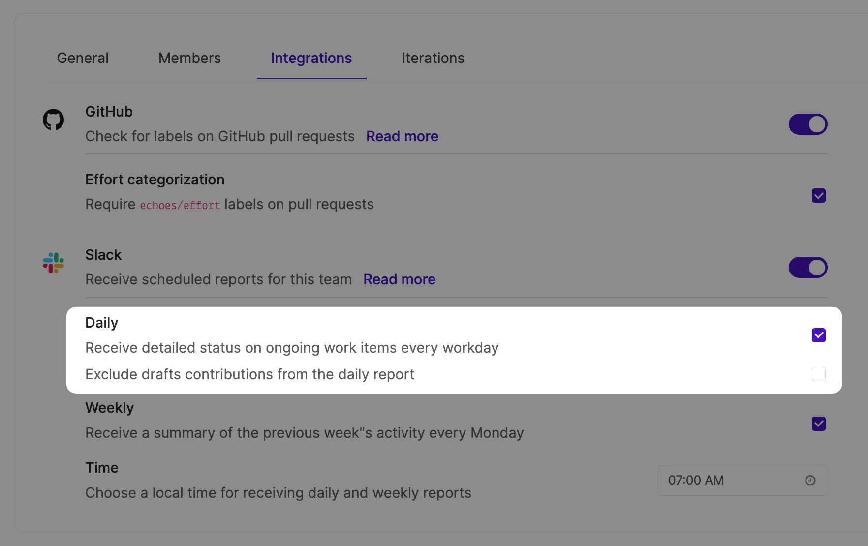 Slack notification settings