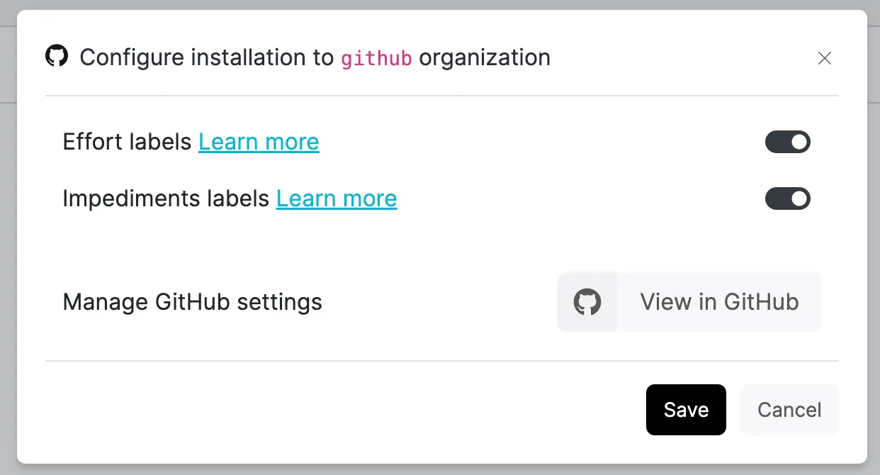 Effort and impediments labels toggles in GitHub configuration settings Effort and impediments labels toggles in GitHub configuration settings