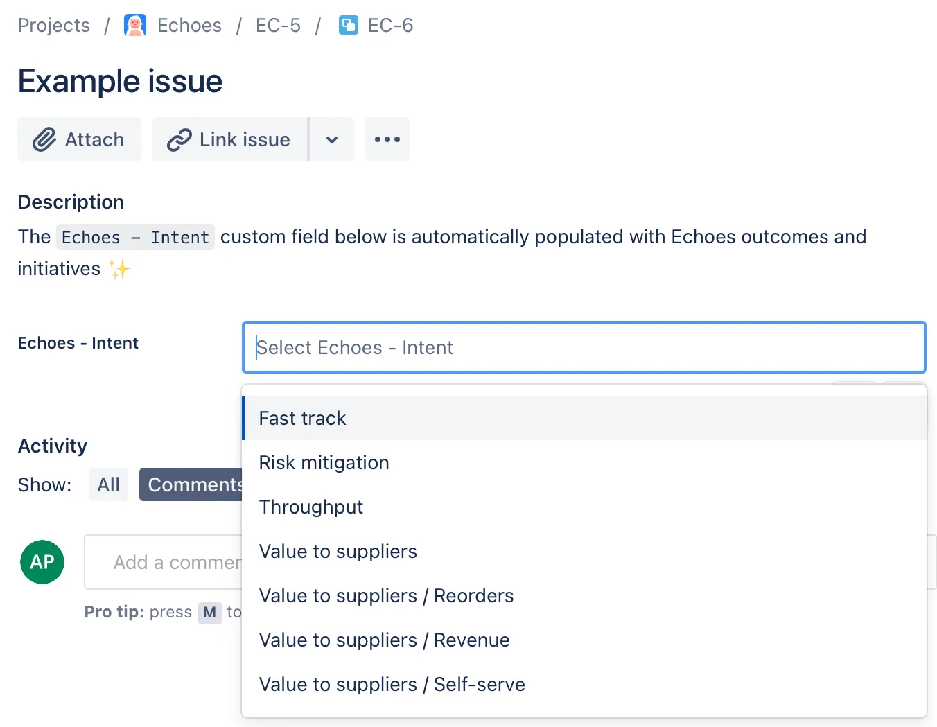 Echoes intended outcomes published as JIRA custom field options