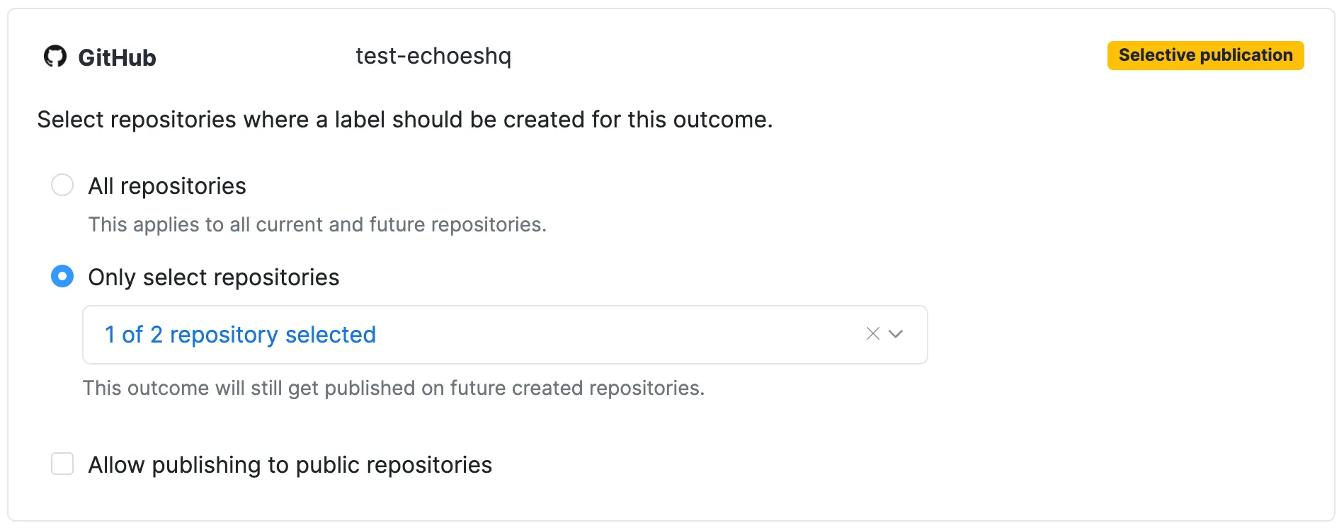 Publication settings for a GitHub installation