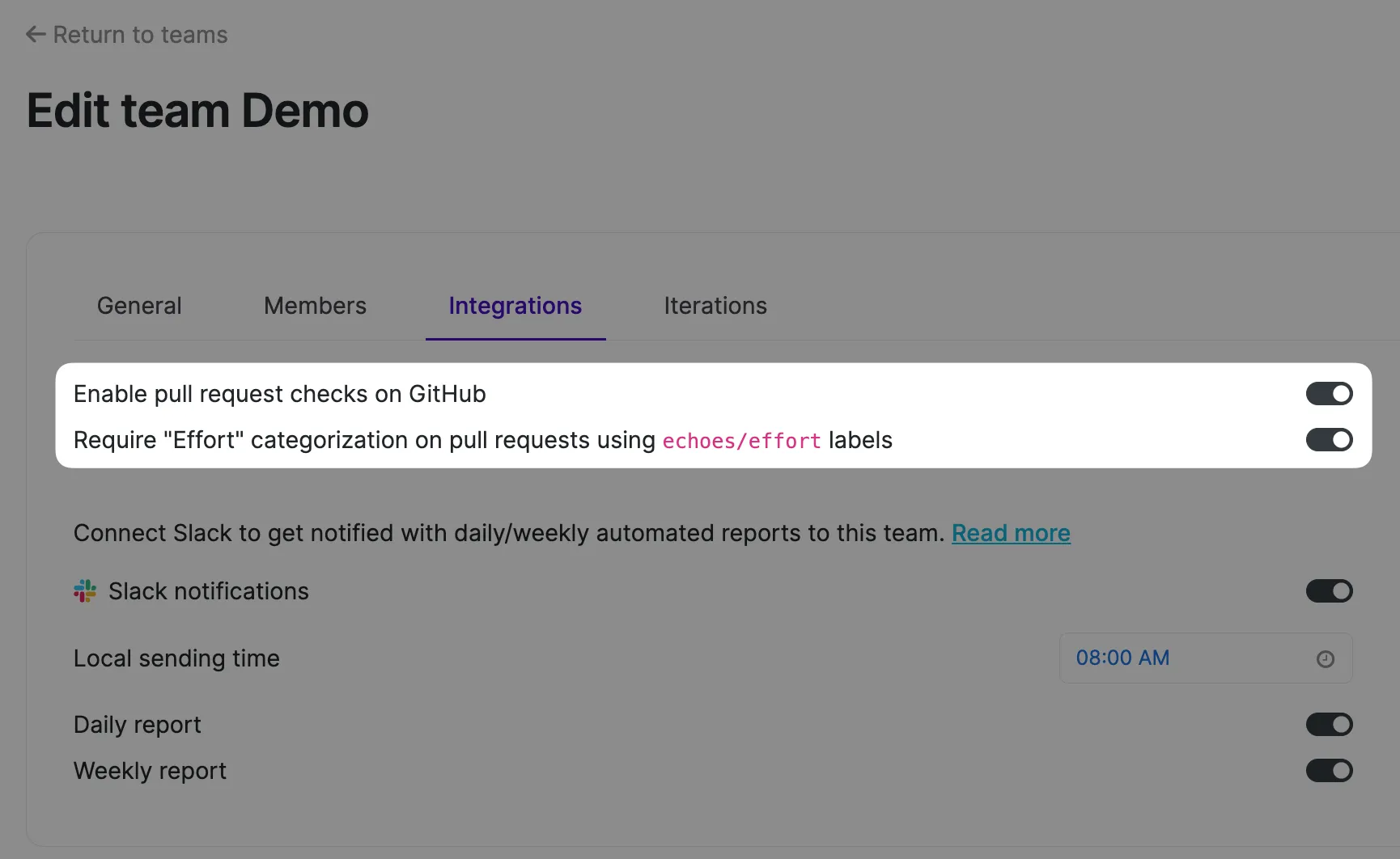 Enabling GitHub checks in the team settings