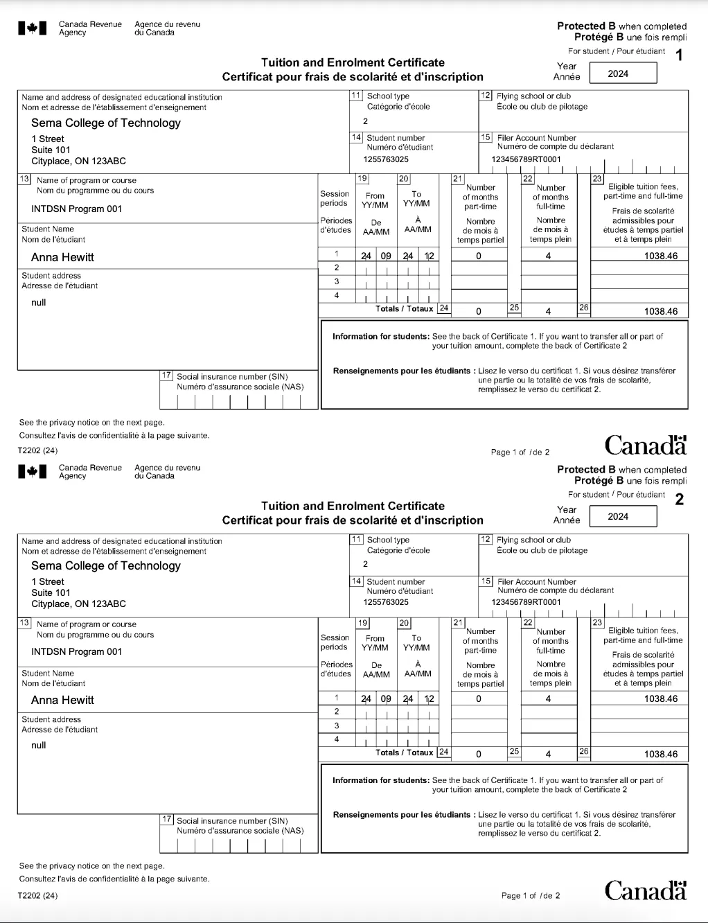 Example of a Canadian T2202 Example of a Canadian T2202