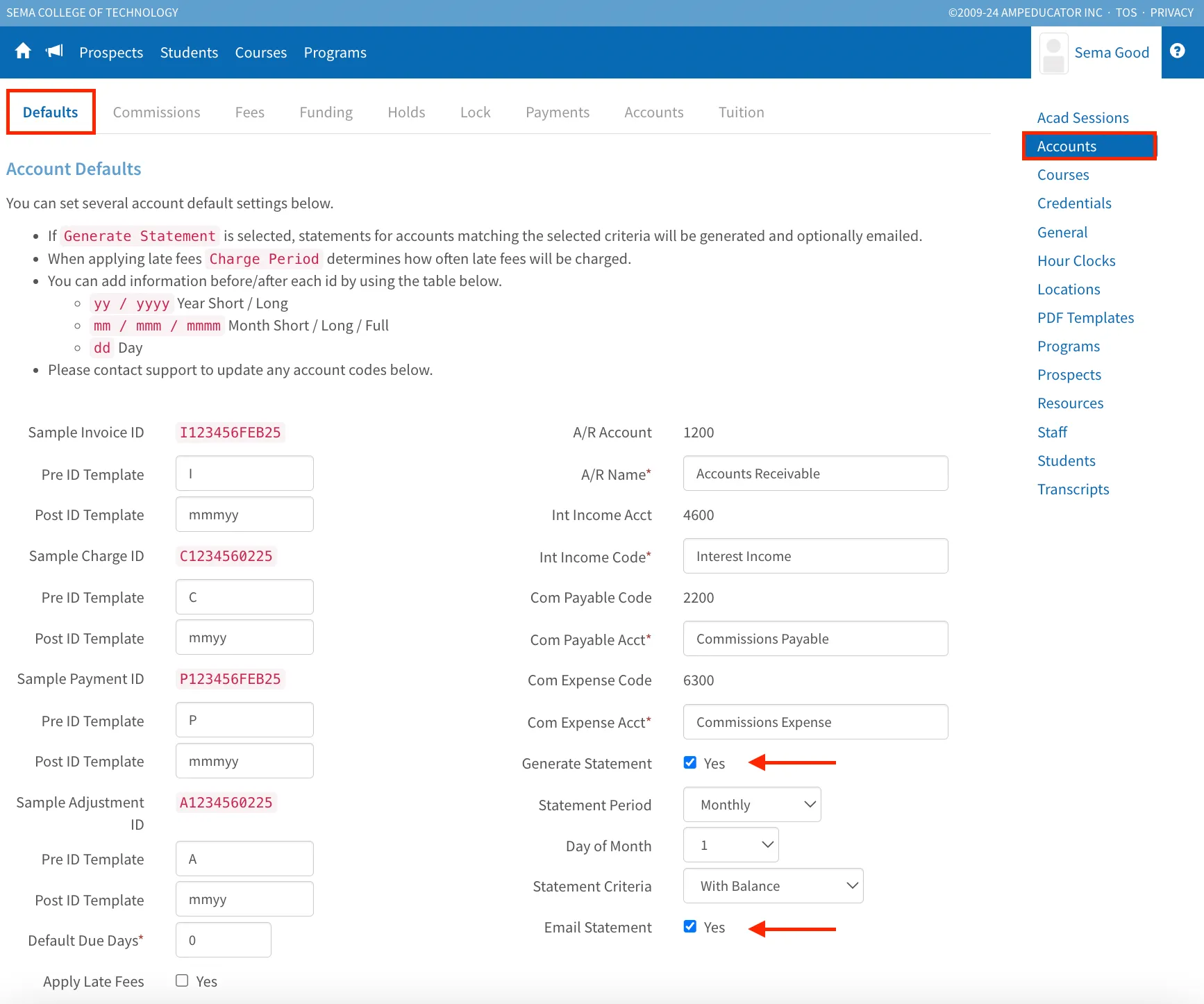Institution Config / Accounts / Defaults