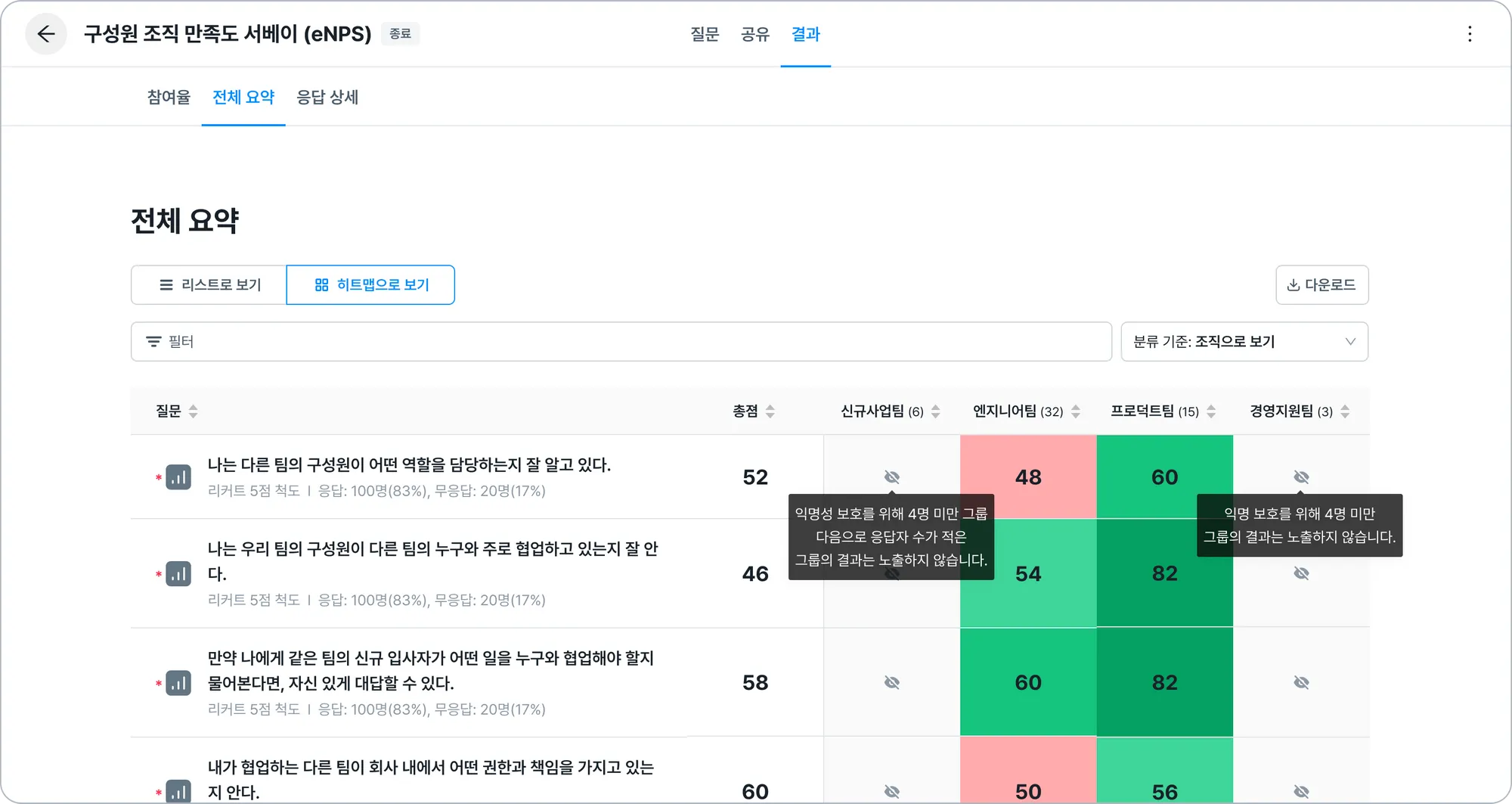 레몬베이스 서베이 분석 요약 화면 