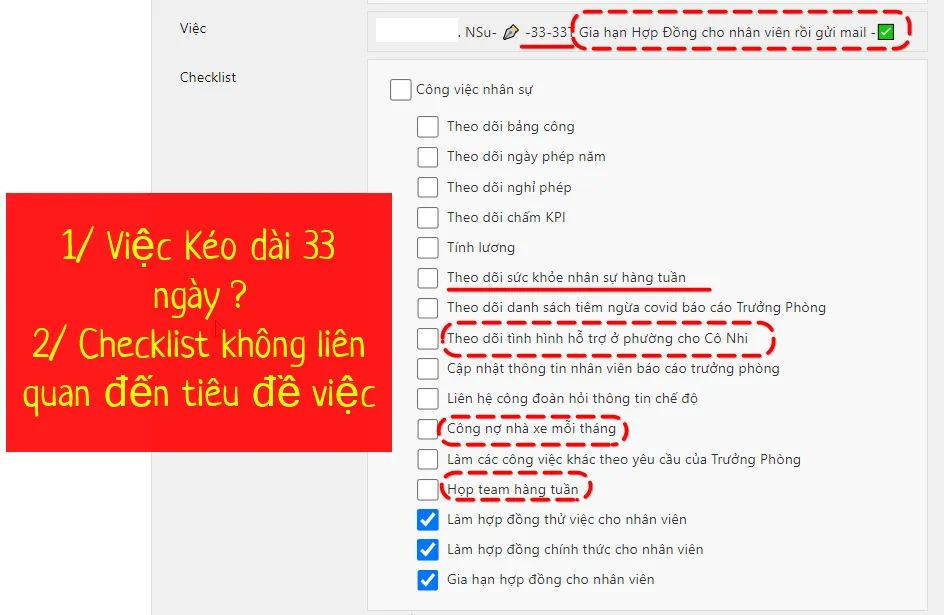 Việc và biểu mẫu checklist không liên quan nhau