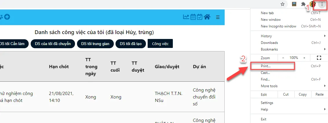 Mở trình duyệt chrome > Chọn biểu tượng 3 chấm > Chọn in Mở trình duyệt chrome > Chọn biểu tượng 3 chấm > Chọn in