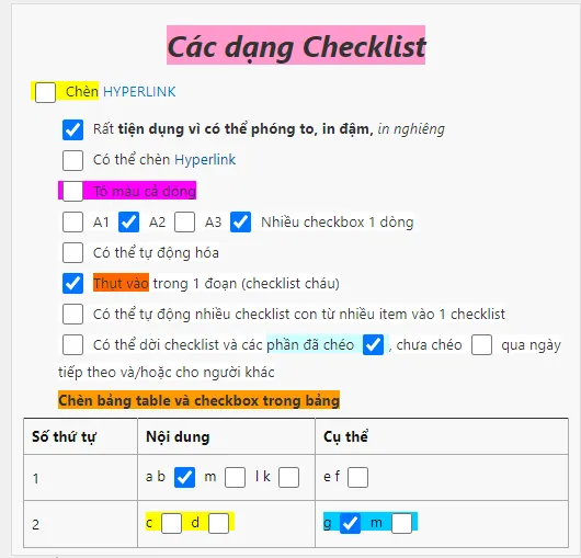 Chèn hyperlink, tô màu, nhiều checkbox 1 dòng