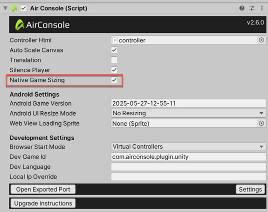 Image showing how to enable native game sizing on the AirConsole component in Unity