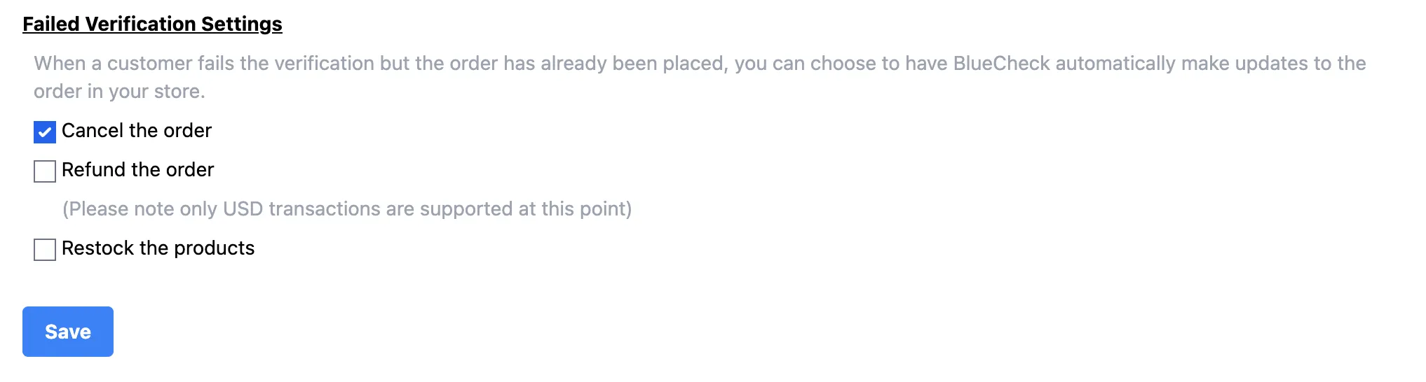 Failed Verificatio Settings Failed Verificatio Settings