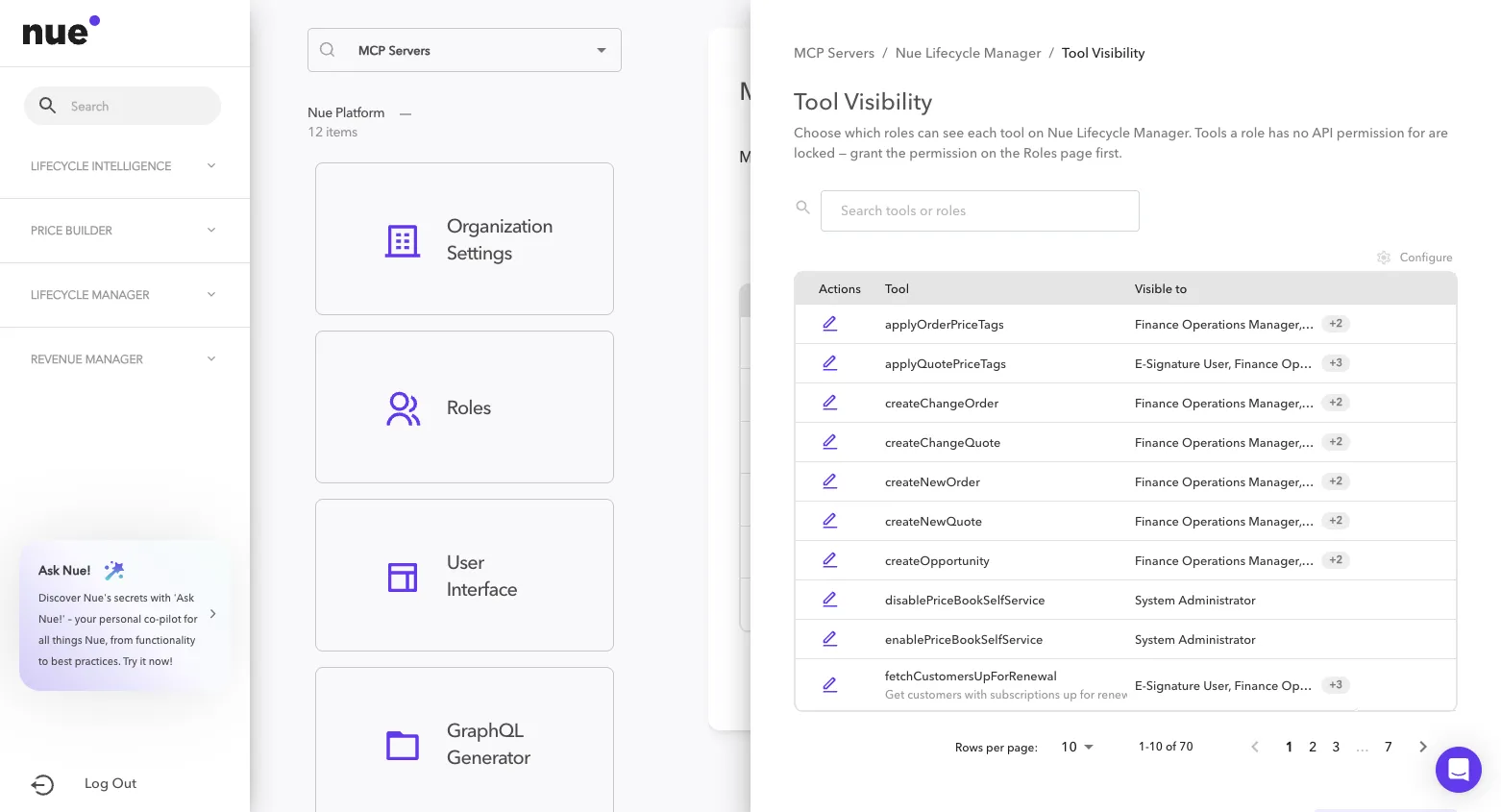 The Tool Visibility drawer for Nue Lifecycle Manager, listing each tool and the roles it is visible to