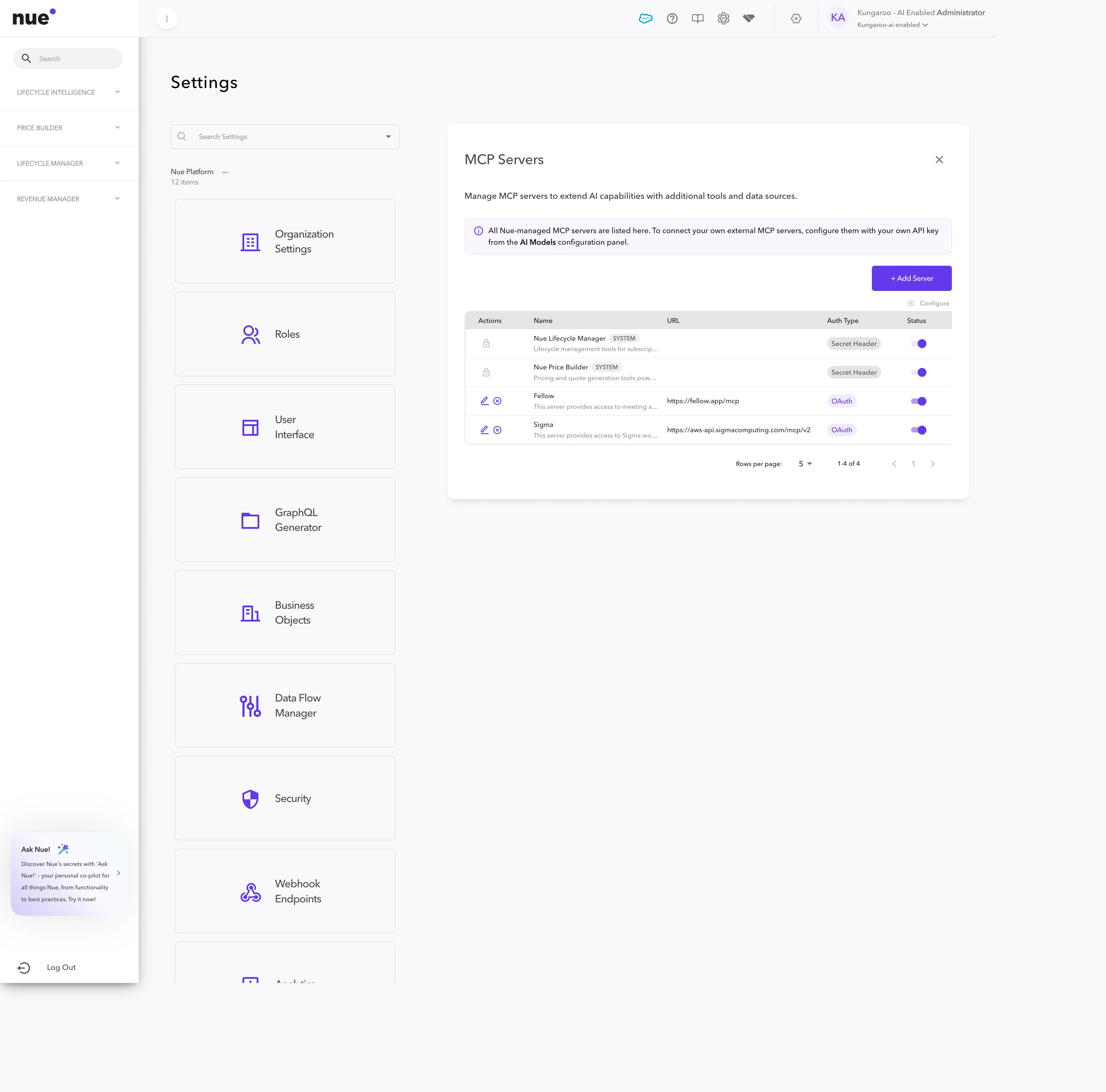 Settings → Nue AI → MCP Servers — list with system servers plus Fellow and Sigma