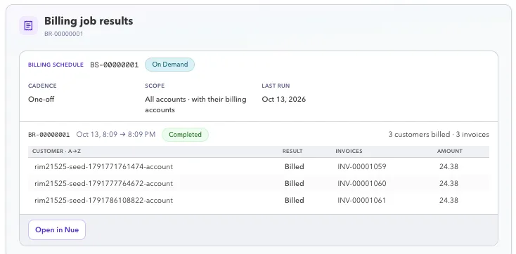 A billing job's results card, listing each customer it billed with its invoice number and amount