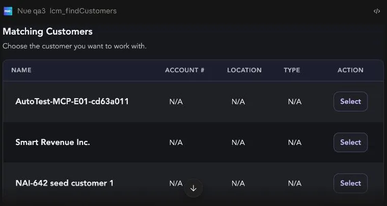 The Matching Customers card, with a Select button on each row The Matching Customers card, with a Select button on each row