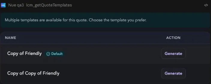 The template picker card with a Generate button per template and the default flagged The template picker card with a Generate button per template and the default flagged