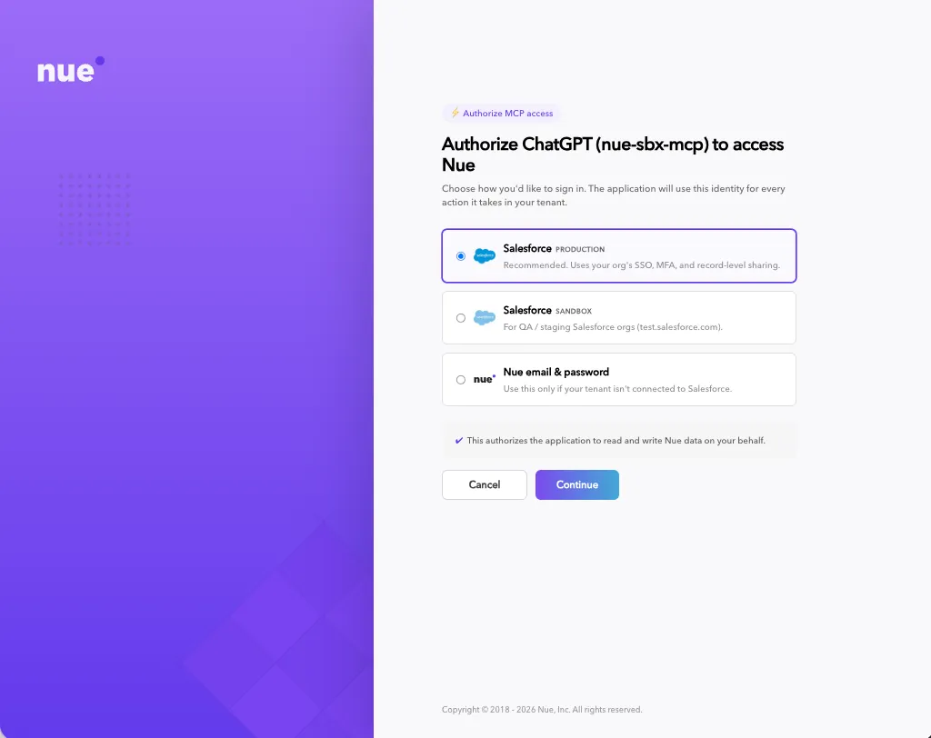 Authorize MCP access — choose Salesforce Production, Salesforce Sandbox, or Nue email & password