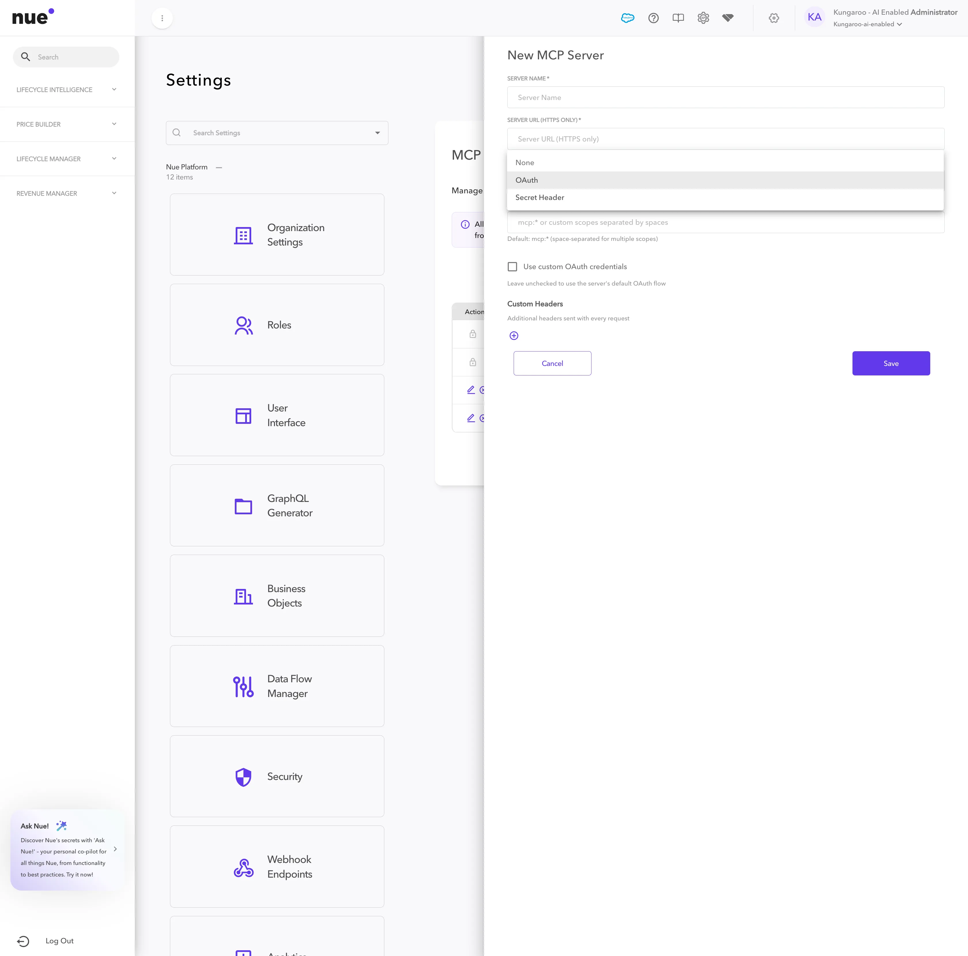 Authentication Type dropdown — None / OAuth / Secret Header