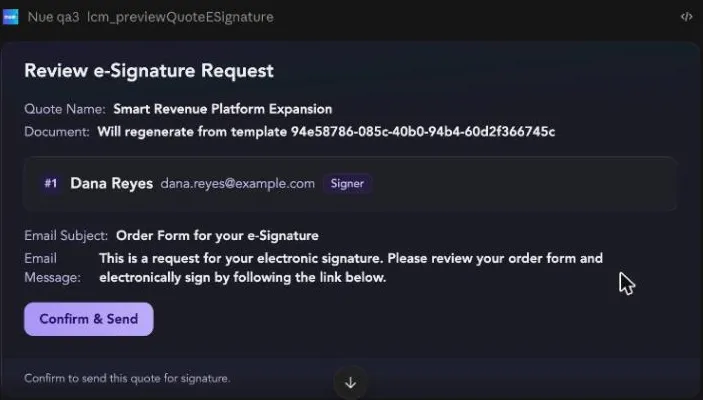 The Review e-Signature Request card with recipient, email subject and message, and a Confirm & Send button The Review e-Signature Request card with recipient, email subject and message, and a Confirm & Send button