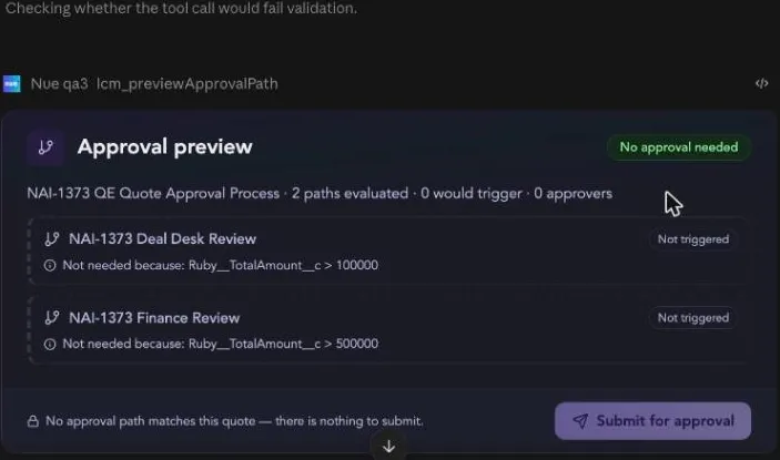 An approval preview showing two paths evaluated, none triggered, with submit disabled An approval preview showing two paths evaluated, none triggered, with submit disabled
