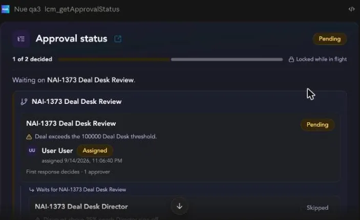 The Approval status card with progress, the assigned approver, and a locked-for-editing notice The Approval status card with progress, the assigned approver, and a locked-for-editing notice