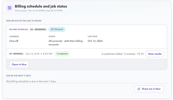 The billing status card, with a schedule that ran in the last 24 hours and its completed job