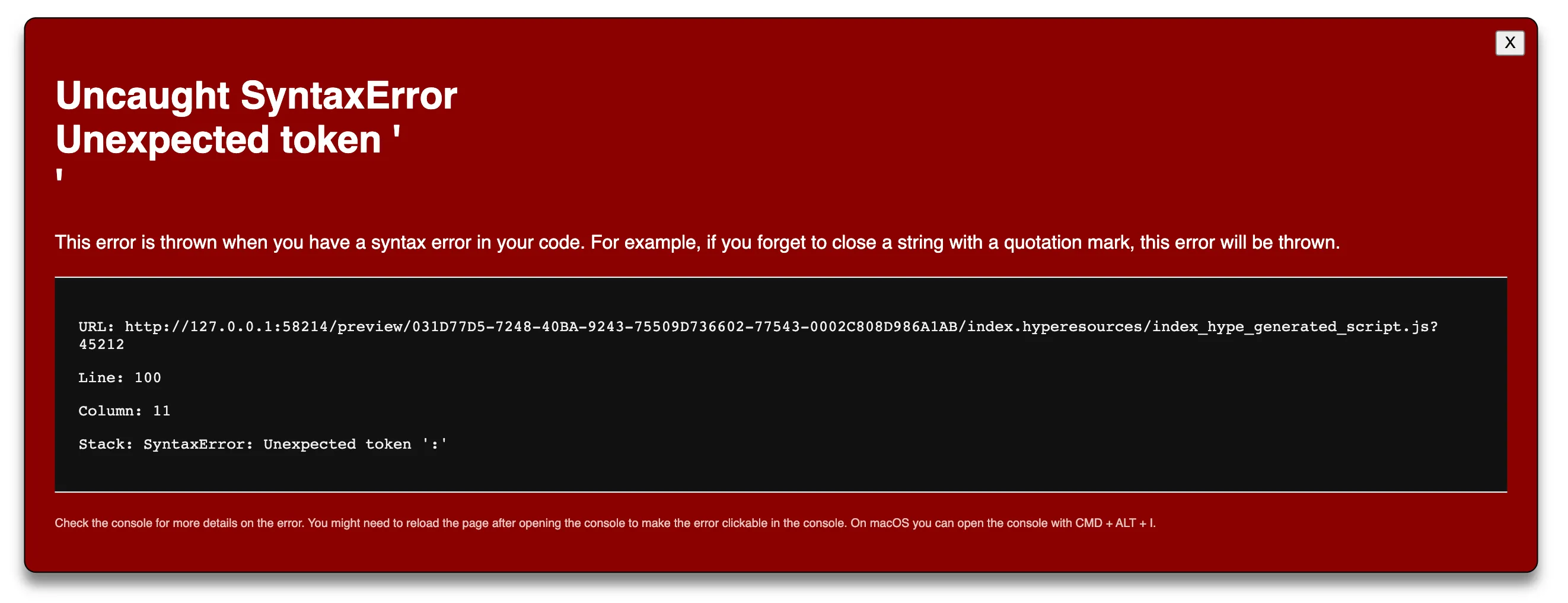 Error message in browser. Error message in browser.