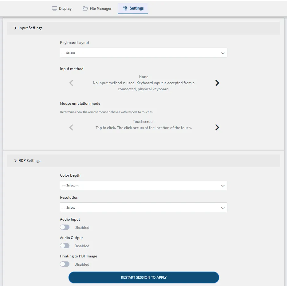 Settings tab in RDP Session